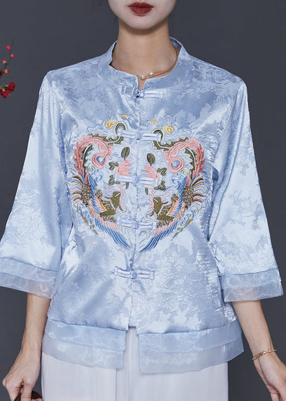 Vintage Blue Embroidered Patchwork Oriental Silk Blouses Spring SD1039