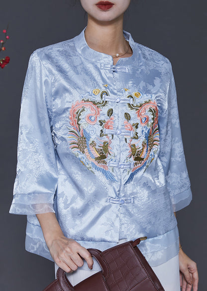 Vintage Blue Embroidered Patchwork Oriental Silk Blouses Spring SD1039