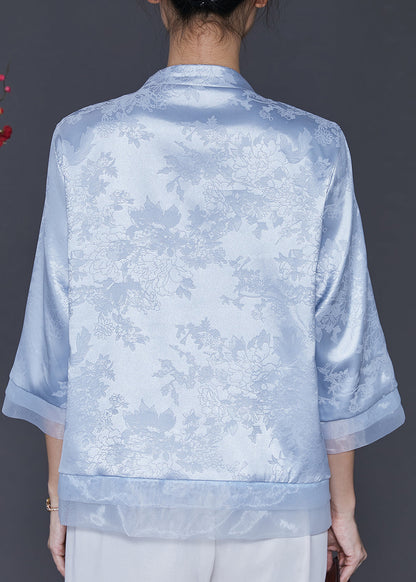 Vintage Blue Embroidered Patchwork Oriental Silk Blouses Spring SD1039