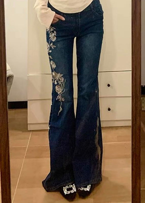 Pantalon évasé vintage brodé en denim avec poches bleu printemps