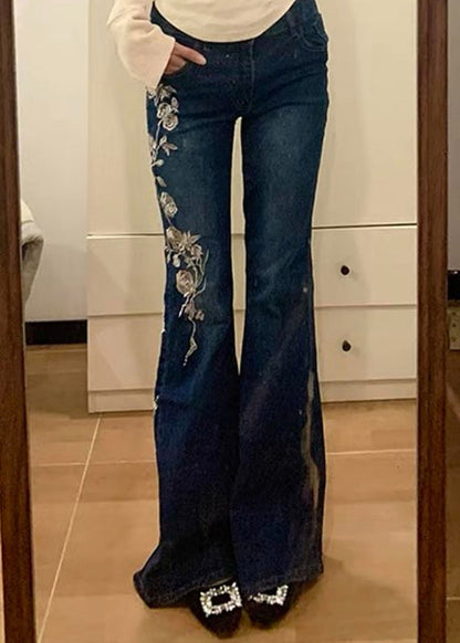 Pantalon évasé vintage brodé en denim avec poches bleu printemps