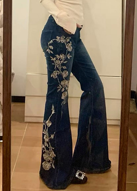 Pantalon évasé vintage brodé en denim avec poches bleu printemps