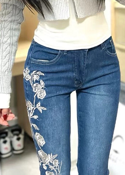 Pantalon évasé vintage brodé en denim avec poches bleu printemps