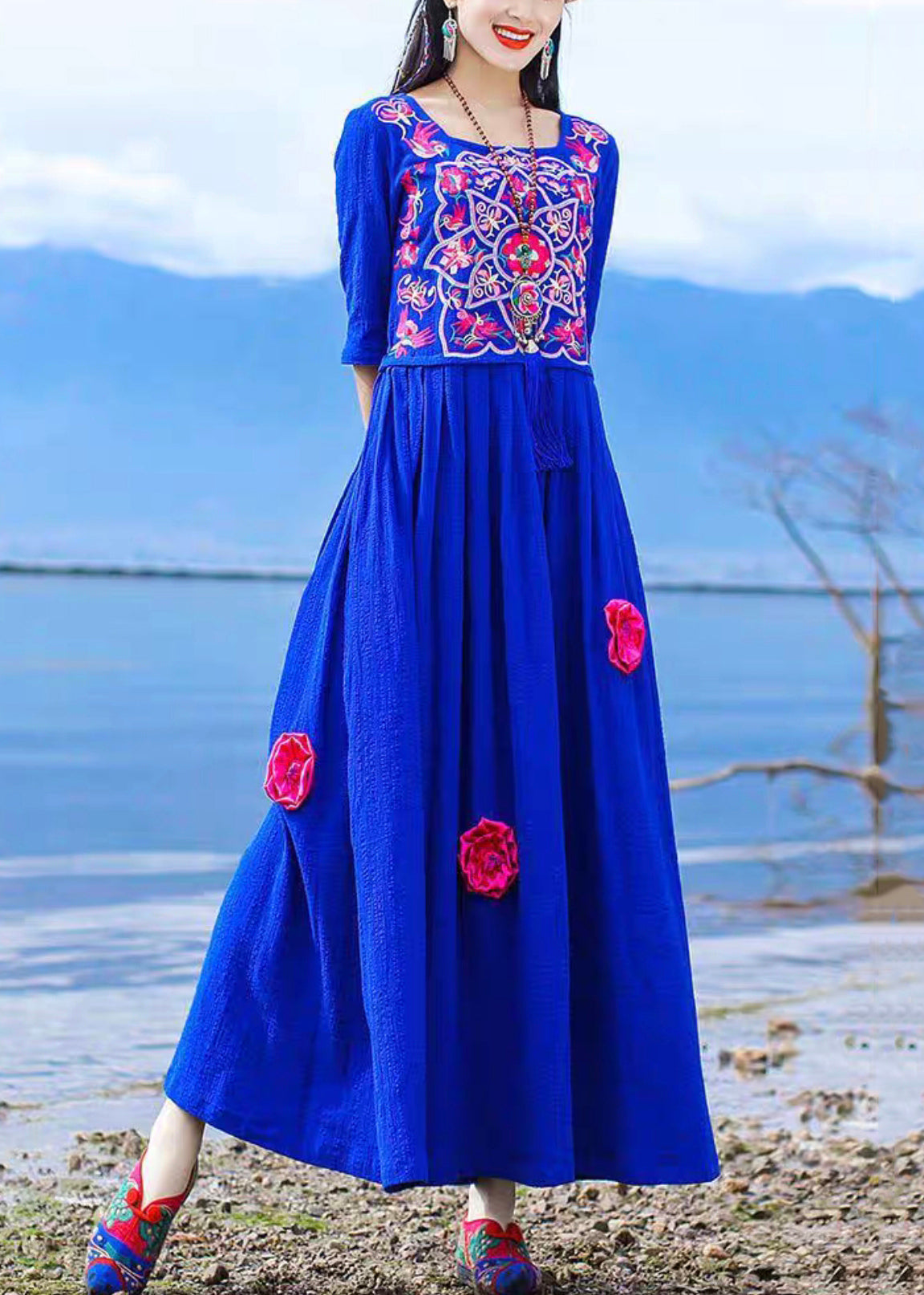 Vintage Blue Embroidered Tie Waist Cotton Long Dress Half Sleeve KK094