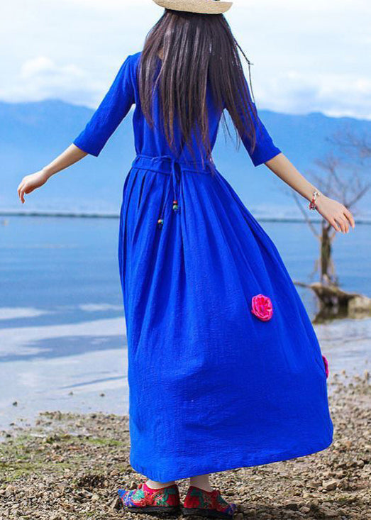 Vintage Blue Embroidered Tie Waist Cotton Long Dress Half Sleeve KK094