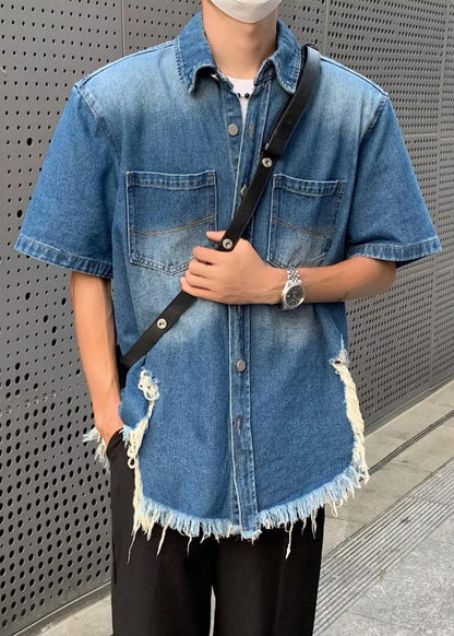 Chemises en jean à boutons vintage pour hommes, été, bleu troué