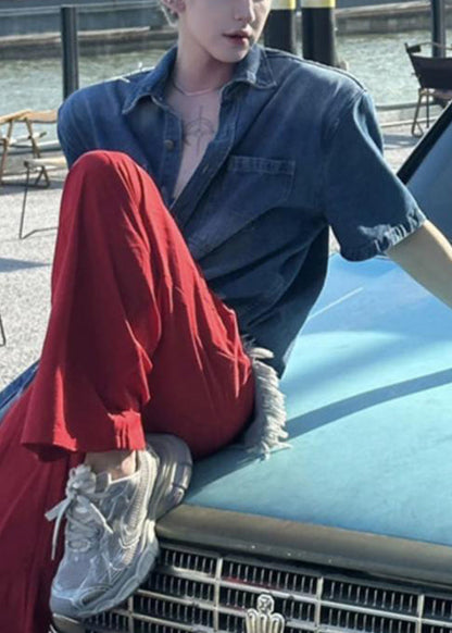 Chemises en jean à boutons vintage pour hommes, été, bleu troué