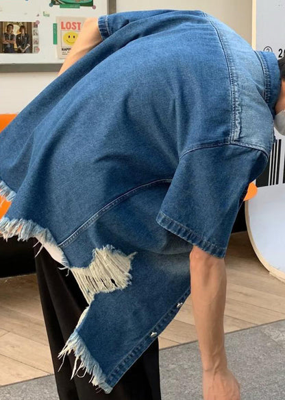 Chemises en jean à boutons vintage pour hommes, été, bleu troué