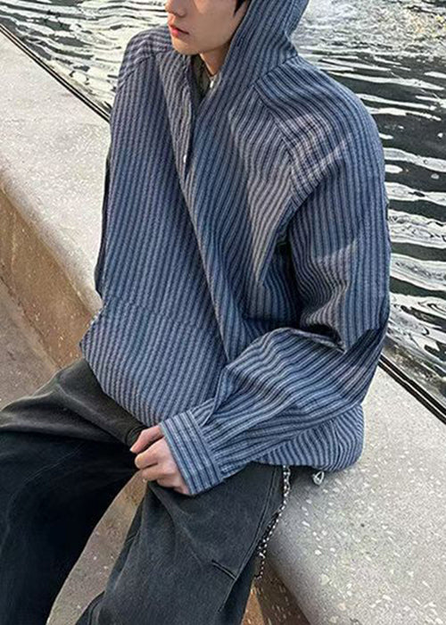 Button Vintage Shirts Frühling Herren Gestreift Kapuze Baumwolle Blau