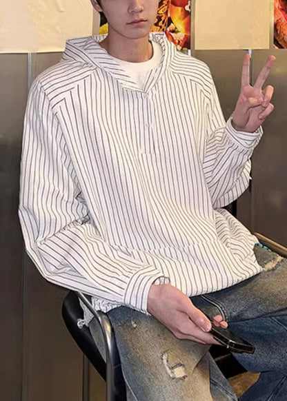 Button Vintage Shirts Spring Men's Striped Hooded Cotton Blue