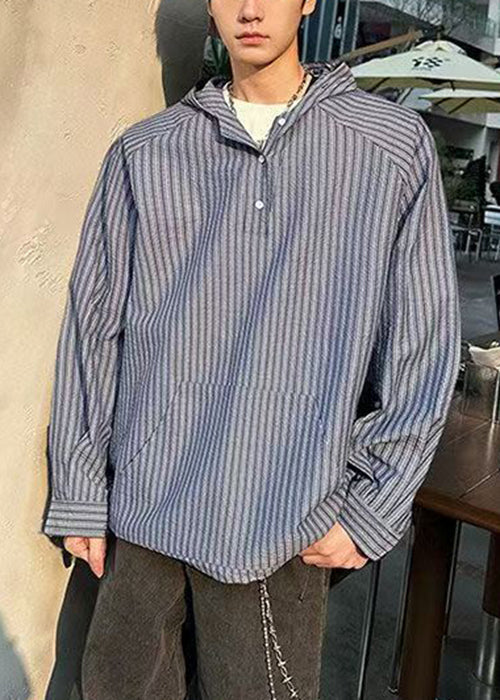 Button Vintage Shirts Spring Men's Striped Hooded Cotton Blue