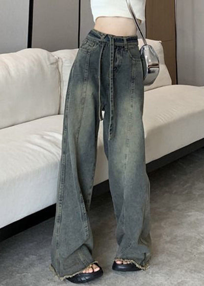 Pantalon en dentelle vintage bleu avec poches en denim de printemps