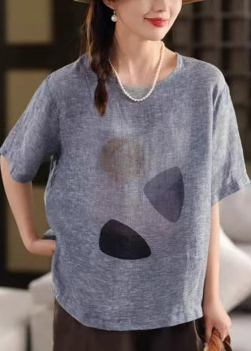 O Neck Print Sommer Leinen Shirts Vintage T Blau