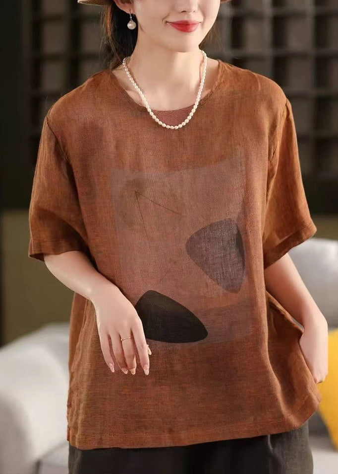 O Neck Print Sommer Leinen Shirts Vintage T Blau