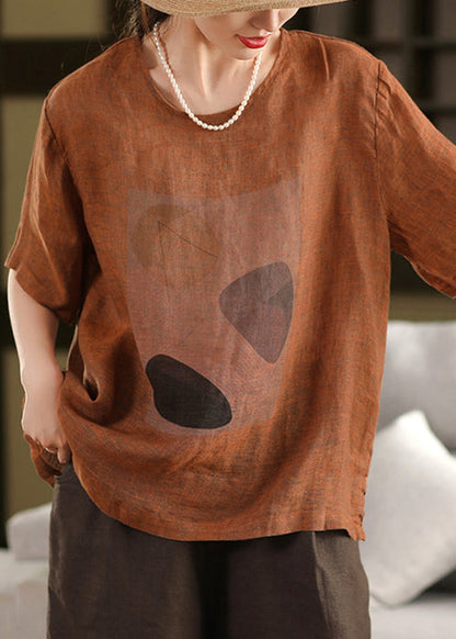 O Neck Print Sommer Leinen Shirts Vintage T Blau