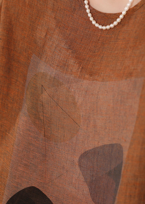 O Neck Print Sommer Leinen Shirts Vintage T Blau