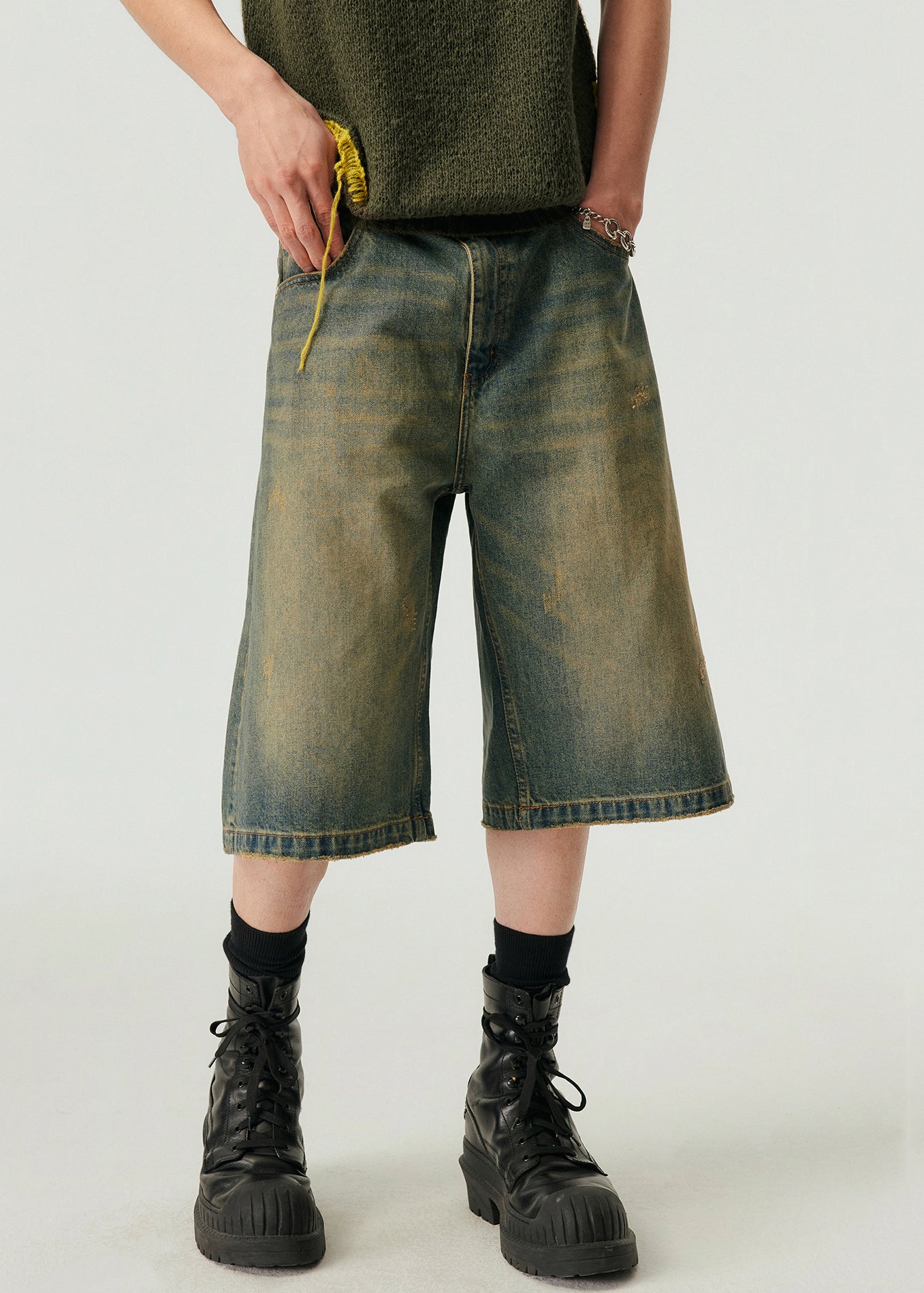 Vintage Blau Taschen Hohe Taille Denim Männer Shorts Sommer YL013