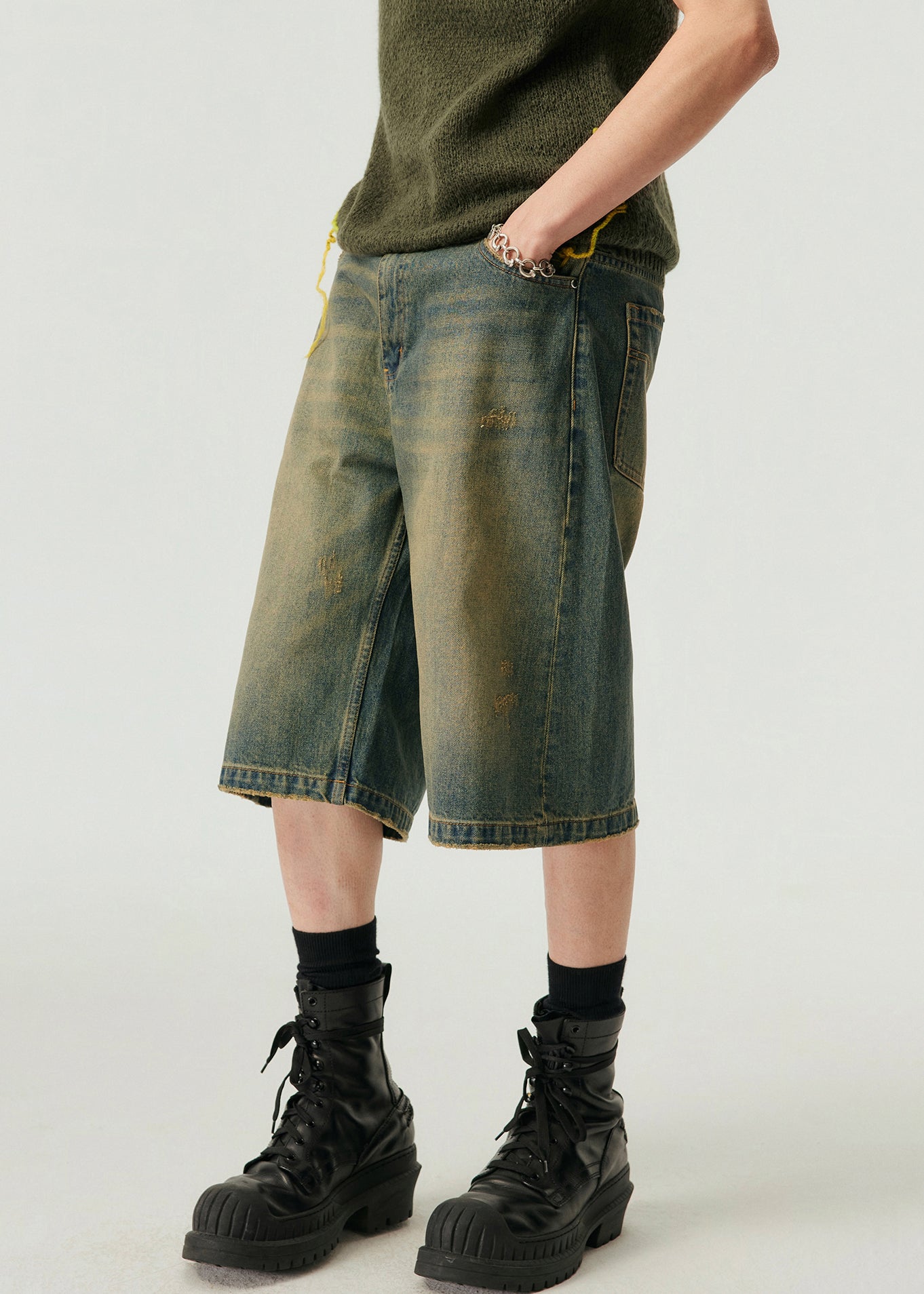 Vintage Blau Taschen Hohe Taille Denim Männer Shorts Sommer YL013