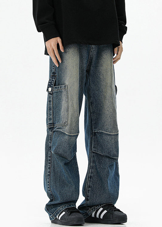 Pantalon homme en denim bleu vintage à poches hautes et taille haute