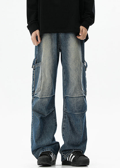 Pantalon homme en denim bleu vintage à poches hautes et taille haute