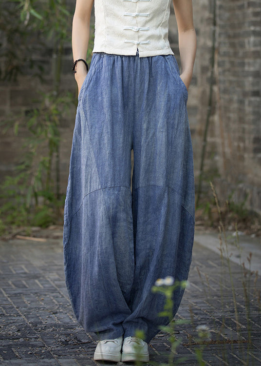 Vintage Blue Pockets High Waist Linen Summer Pants QE021