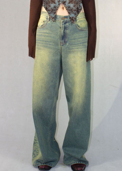 Pantalon en jean taille haute à imprimé bleu vintage avec poches Automne QF052