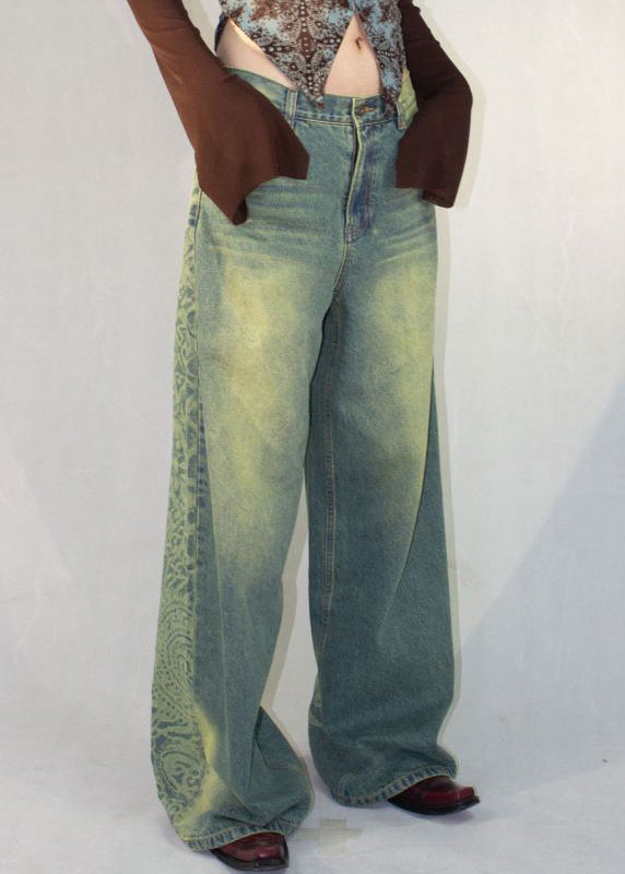 Vintage Blue Print Pockets High Waist Denim Pants Fall QF052