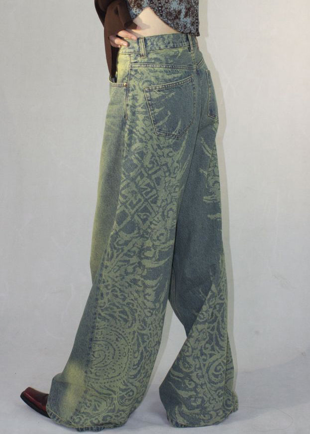 Vintage Blue Print Pockets High Waist Denim Pants Fall QF052