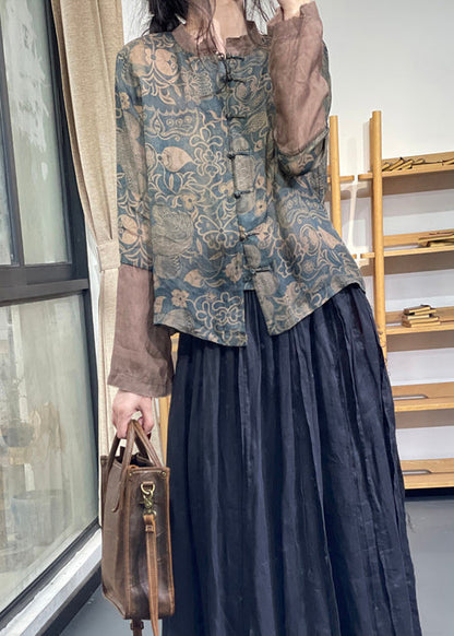 Vintage Blue Stand Collar Print Chinese Button Ramie Linen Top Long Sleeve OO001