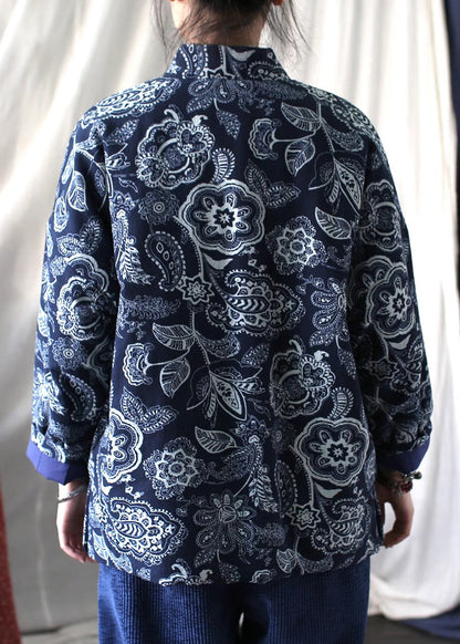 Vintage Blau Stehkragen Druck Feine Baumwolle Gefüllte Jacken Frühling TI024