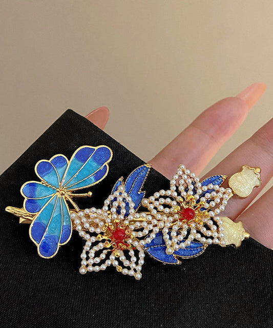Vintage Blaue Sterling Silber Overgild Perle Cloisonné Floral Haarnadel TS005