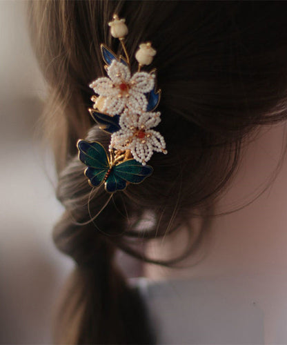 Vintage Blaue Sterling Silber Overgild Perle Cloisonné Floral Haarnadel TS005