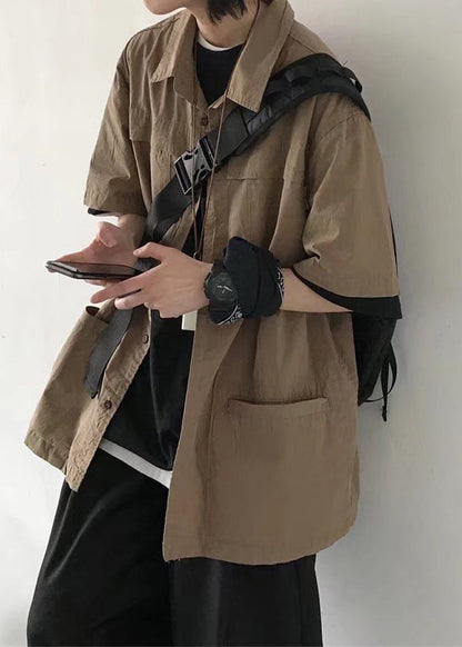 Chemise homme en coton marron à boutons, style vintage, poches unies