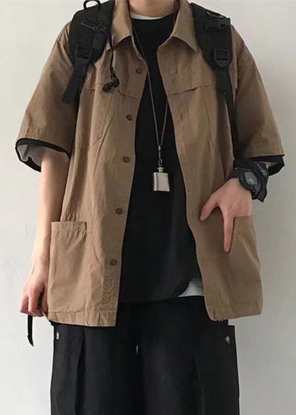 Chemise homme en coton marron à boutons, style vintage, poches unies