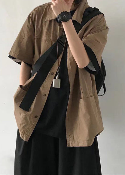 Chemise homme en coton marron à boutons, style vintage, poches unies