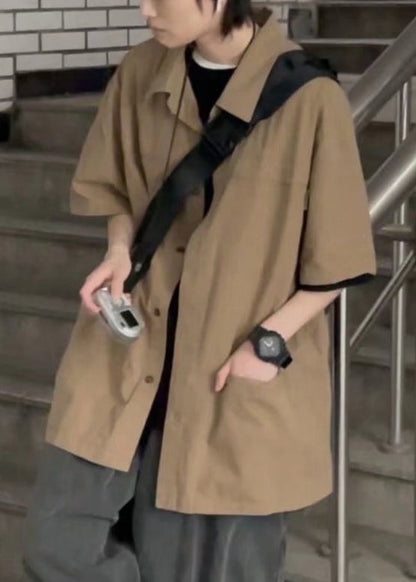 Chemise homme en coton marron à boutons, style vintage, poches unies