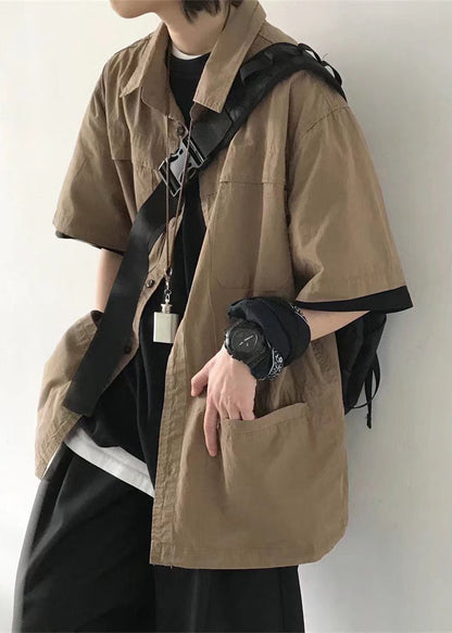 Chemise homme en coton marron à boutons, style vintage, poches unies