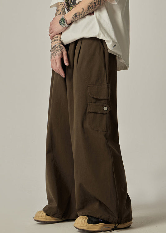 Pantalon à poches et cordon de serrage, coupe large, marron vintage, en coton, pour homme
