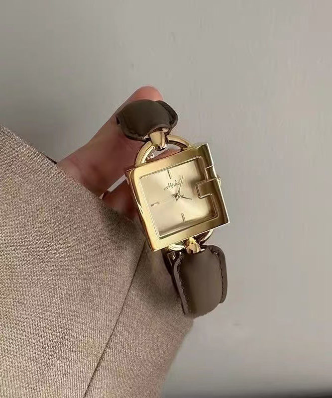 Cuir Mouvement à quartz Patchwork Carré Vintage Marron Chaîne Or