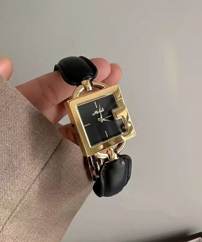 Cuir Mouvement à quartz Patchwork Carré Vintage Marron Chaîne Or