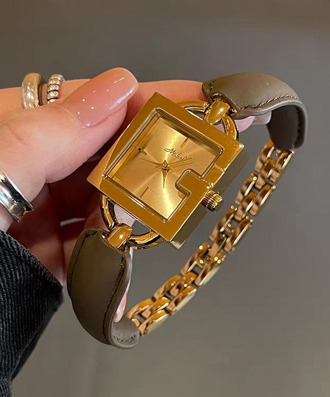 Cuir Mouvement à quartz Patchwork Carré Vintage Marron Chaîne Or