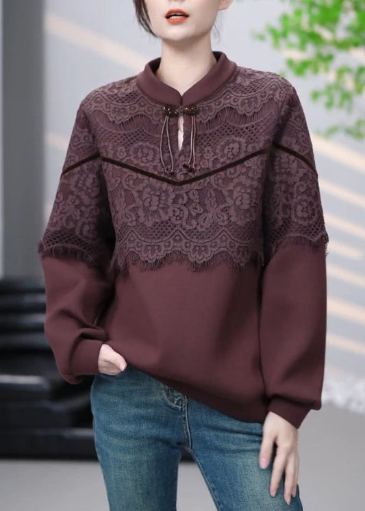 Sweat-shirt vintage en coton patchwork de dentelle marron hiver RL001