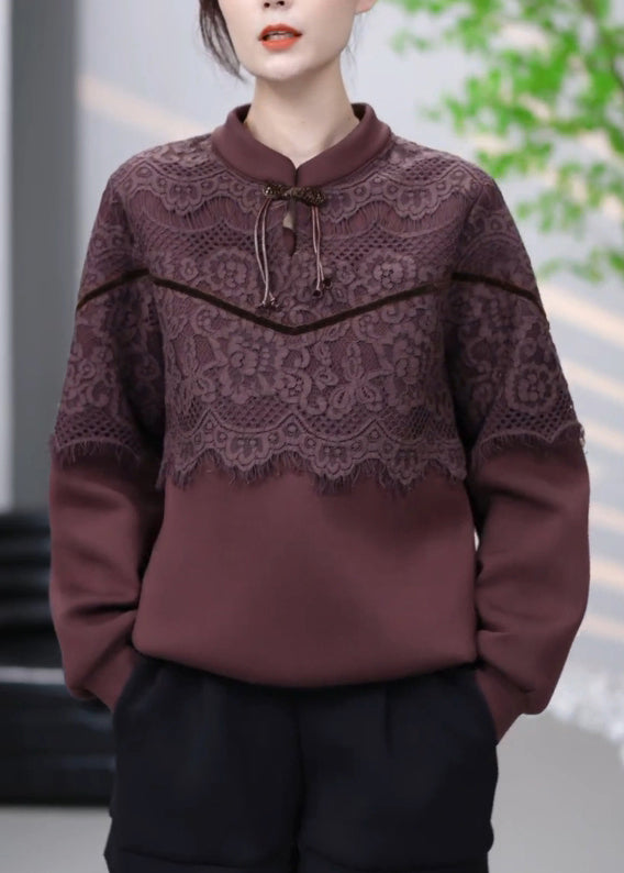 Sweat-shirt vintage en coton patchwork de dentelle marron hiver RL001