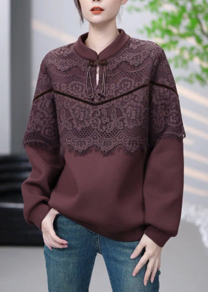 Sweat-shirt vintage en coton patchwork de dentelle marron hiver RL001