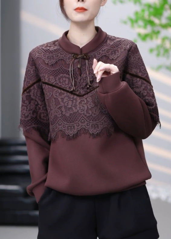 Sweat-shirt vintage en coton patchwork de dentelle marron hiver RL001