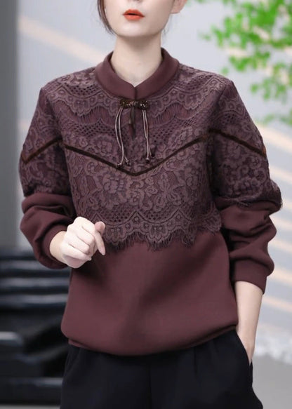 Sweat-shirt vintage en coton patchwork de dentelle marron hiver RL001