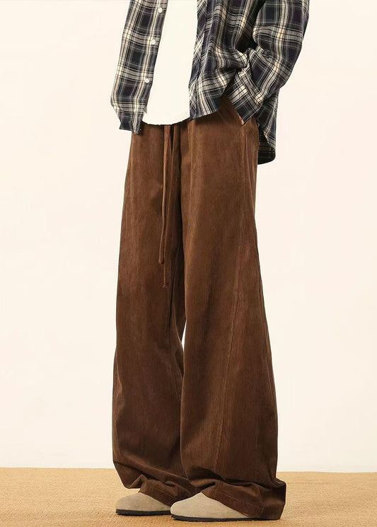 Pantalon vintage marron à lacets en velours côtelé uni pour homme, printemps RM062