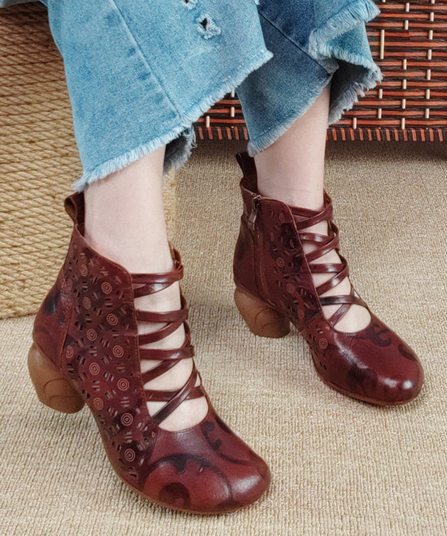 Vintage Brown Zippered Hollow Out Cowhide Leather Chunky Boots RT1060