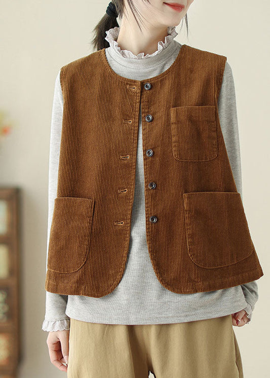 Gilet vintage en velours côtelé sans manches avec poches et col rond, couleur caramel, TJ009
