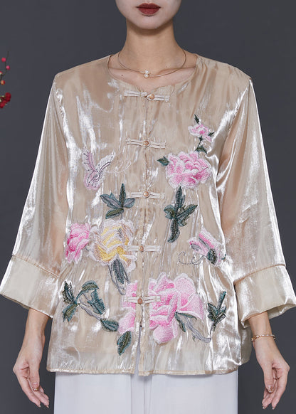Chemise vintage en lin et soie brodée champagne printemps SD1050